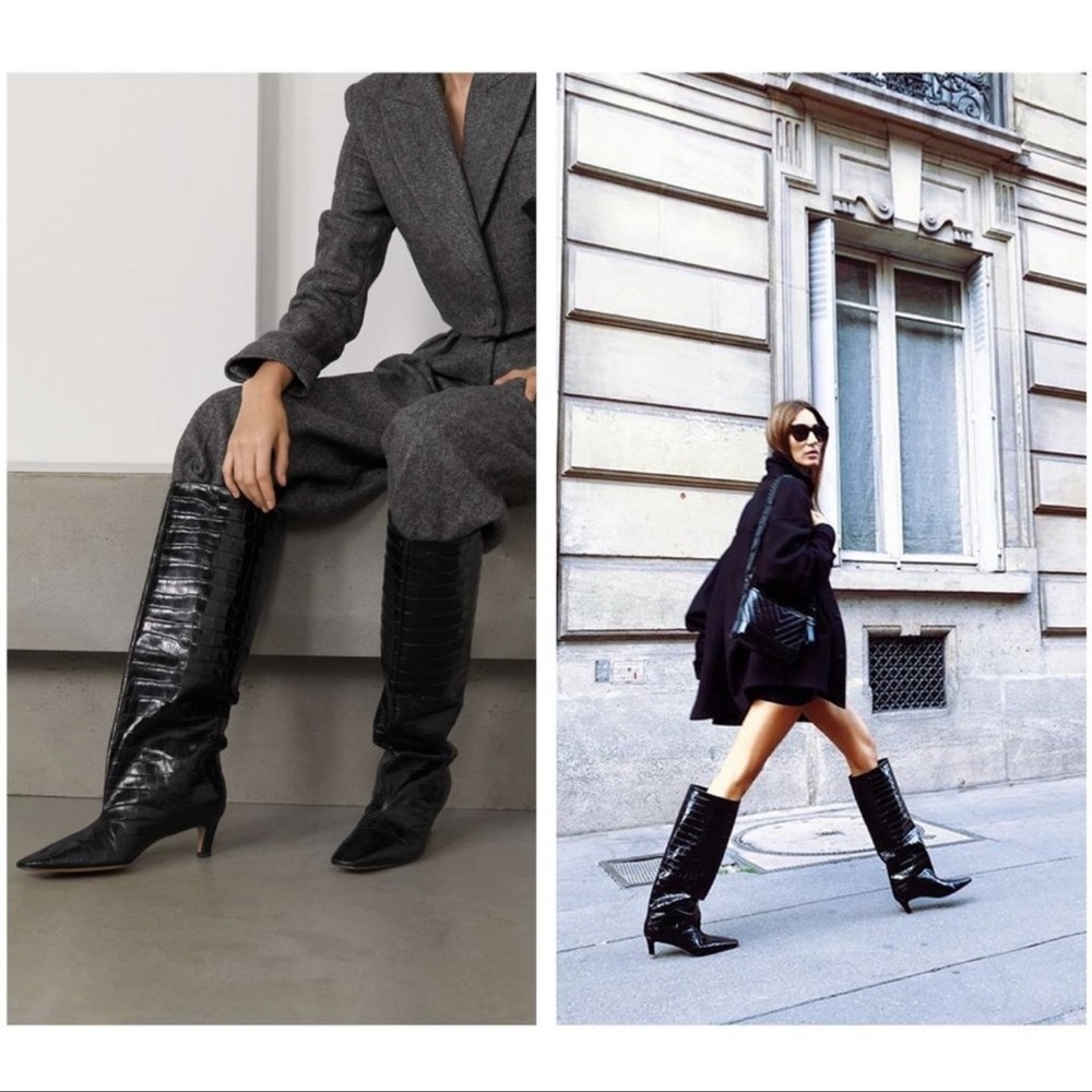 Toteme | NEW The Wide Shaft Mock-Croc Leather Slouchy Kitten Heel Boots Size ~8